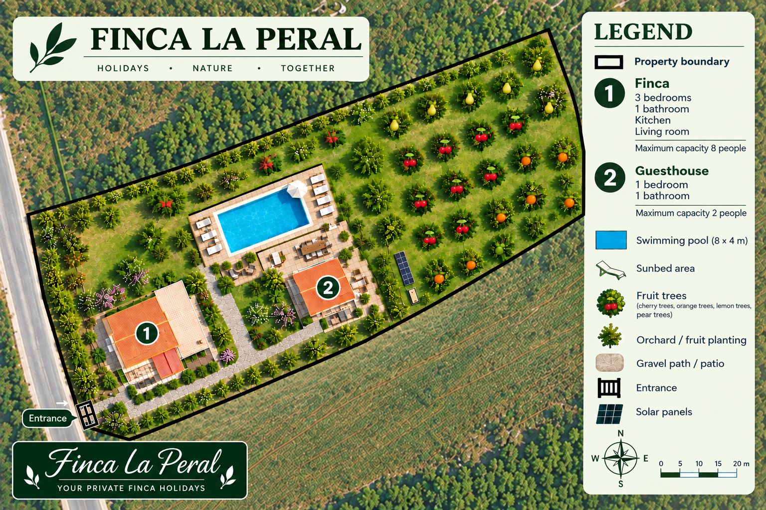 Illustrated map of Finca La Peral with the main house, guest house, pool and orchard